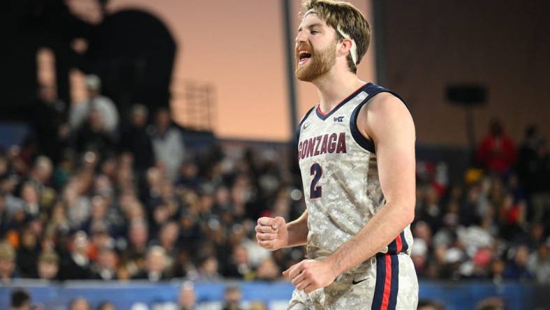 Nov 11, 2022; San Diego, California, US; Gonzaga Bulldogs forward Drew Timme (2) reacts during the second half against the Michigan State Spartans at USS Abraham Lincoln. Mandatory Credit: Orlando Ramirez-USA TODAY Sports