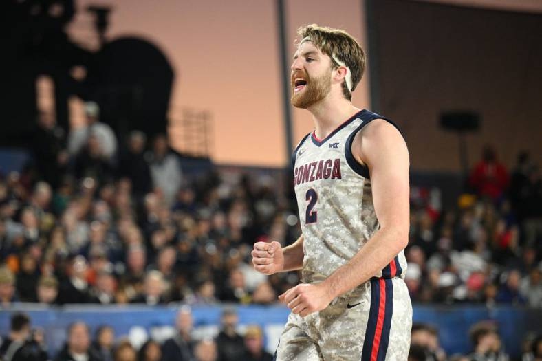 Nov 11, 2022; San Diego, California, US; Gonzaga Bulldogs forward Drew Timme (2) reacts during the second half against the Michigan State Spartans at USS Abraham Lincoln. Mandatory Credit: Orlando Ramirez-USA TODAY Sports