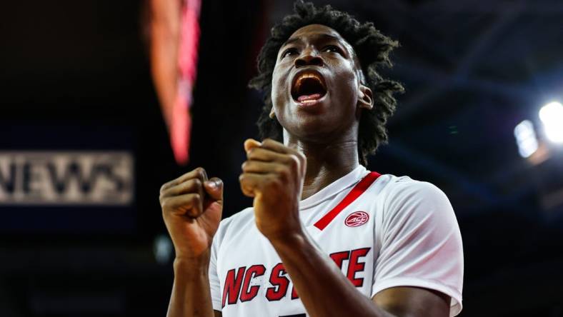 Nov 11, 2022; Raleigh, North Carolina, USA; North Carolina State Wolfpack guard Jarkel Joiner (1) reacts during the second half against Campbell Fighting Camels at PNC Arena. Mandatory Credit: Jaylynn Nash-USA TODAY Sports