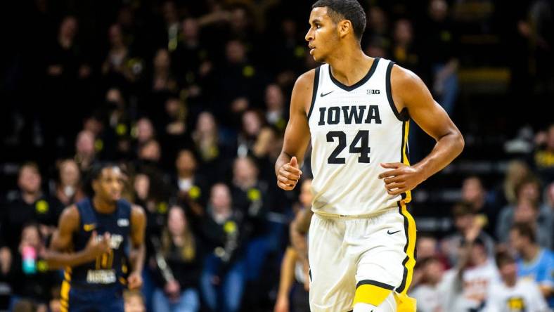 Iowa forward Kris Murray runs up court during a NCAA men's basketball game against North Carolina A&T, Friday, Nov. 11, 2022, at Carver-Hawkeye Arena in Iowa City, Iowa.

221111 Nc At Iowa Mbb 030 Jpg