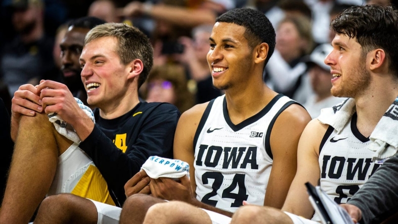 From left, Iowa forwards Payton Sandfort, left, Kris Murray and Filip Rebraca smile on the bench during a NCAA men's basketball game against North Carolina A&T, Friday, Nov. 11, 2022, at Carver-Hawkeye Arena in Iowa City, Iowa.

221111 Nc At Iowa Mbb 036 Jpg