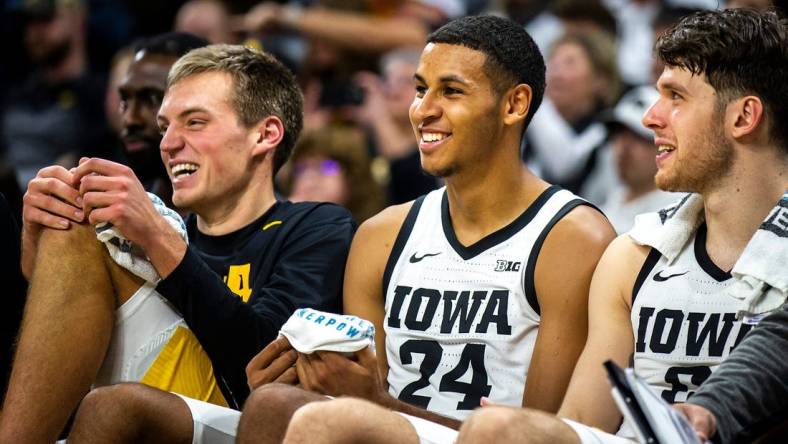 From left, Iowa forwards Payton Sandfort, left, Kris Murray and Filip Rebraca smile on the bench during a NCAA men's basketball game against North Carolina A&T, Friday, Nov. 11, 2022, at Carver-Hawkeye Arena in Iowa City, Iowa.

221111 Nc At Iowa Mbb 036 Jpg