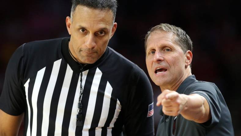 Nov 11, 2022; Fayetteville, Arkansas, USA; Arkansas Razorbacks head coach Eric Musselman talks to an official during the game against the Fordham Rams at Bud Walton Arena. Arkansas won 74-48. Mandatory Credit: Nelson Chenault-USA TODAY Sports