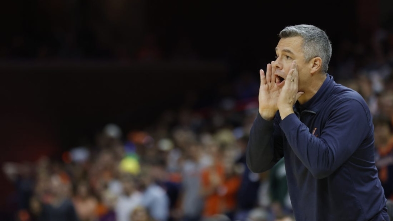 Nov 11, 2022; Charlottesville, Virginia, USA; Virginia Cavaliers head coach Tony Bennett yells to his team from the bench against the Monmouth Hawks in the first half at John Paul Jones Arena. Mandatory Credit: Geoff Burke-USA TODAY Sports