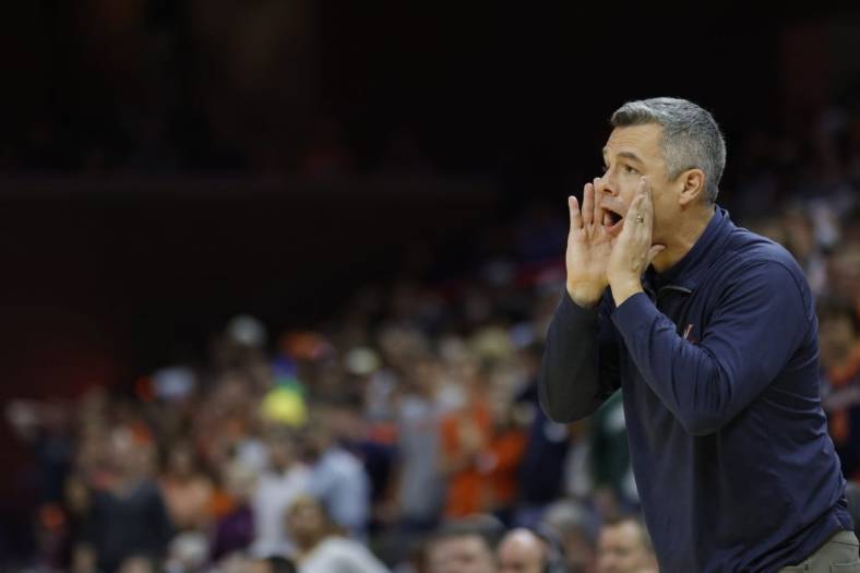Nov 11, 2022; Charlottesville, Virginia, USA; Virginia Cavaliers head coach Tony Bennett yells to his team from the bench against the Monmouth Hawks in the first half at John Paul Jones Arena. Mandatory Credit: Geoff Burke-USA TODAY Sports