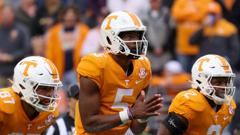Nov 12, 2022; Knoxville, Tennessee, USA; Tennessee Volunteers quarterback Hendon Hooker (5) during the game against the Missouri Tigers at Neyland Stadium. Mandatory Credit: Randy Sartin-USA TODAY Sports