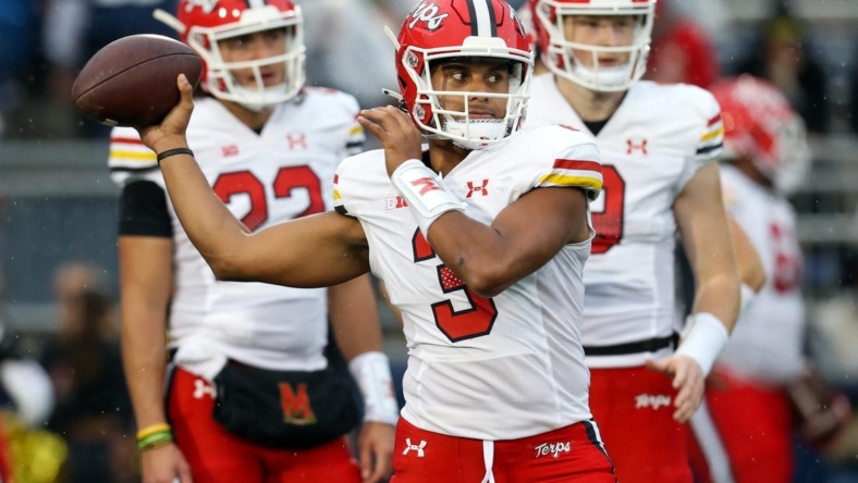 Nov 12, 2022; University Park, Pennsylvania, USA; Maryland Terrapins quarterback Taulia Tagovailoa (3) looks to throw a pass during a warm up prior to the game against the Penn State Nittany Lions at Beaver Stadium. Mandatory Credit: Matthew OHaren-USA TODAY Sports
