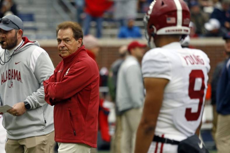 Nov 12, 2022; Oxford, Mississippi, USA; Alabama Crimson Tide head coach Nick Saban walks the field during warm up prior to the game against the Mississippi Rebels at Vaught-Hemingway Stadium. Mandatory Credit: Petre Thomas-USA TODAY Sports