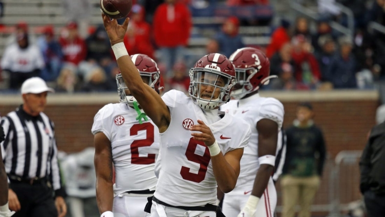 Nov 12, 2022; Oxford, Mississippi, USA; Alabama Crimson Tide quarterback Bryce Young (9) passes the ball during warm up prior to the game against the Mississippi Rebels at Vaught-Hemingway Stadium. Mandatory Credit: Petre Thomas-USA TODAY Sports
