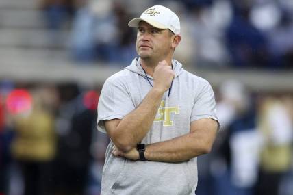 Nov 12, 2022; Atlanta, Georgia, USA; Georgia Tech Yellow Jackets head coach Brent Key on the field before a game against the Miami Hurricanes at Bobby Dodd Stadium. Mandatory Credit: Brett Davis-USA TODAY Sports