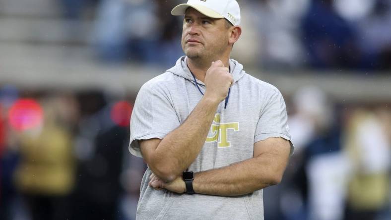 Nov 12, 2022; Atlanta, Georgia, USA; Georgia Tech Yellow Jackets head coach Brent Key on the field before a game against the Miami Hurricanes at Bobby Dodd Stadium. Mandatory Credit: Brett Davis-USA TODAY Sports