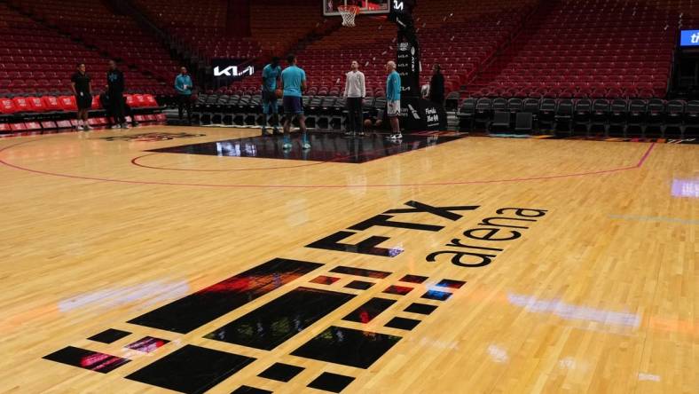 Nov 12, 2022; Miami, Florida, USA; A general view of the FTX Arena logo on the court prior to the game between the Miami Heat and the Charlotte Hornets at FTX Arena. Mandatory Credit: Jasen Vinlove-USA TODAY Sports