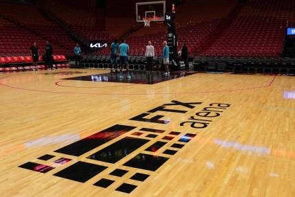 Nov 12, 2022; Miami, Florida, USA; A general view of the FTX Arena logo on the court prior to the game between the Miami Heat and the Charlotte Hornets at FTX Arena. Mandatory Credit: Jasen Vinlove-USA TODAY Sports