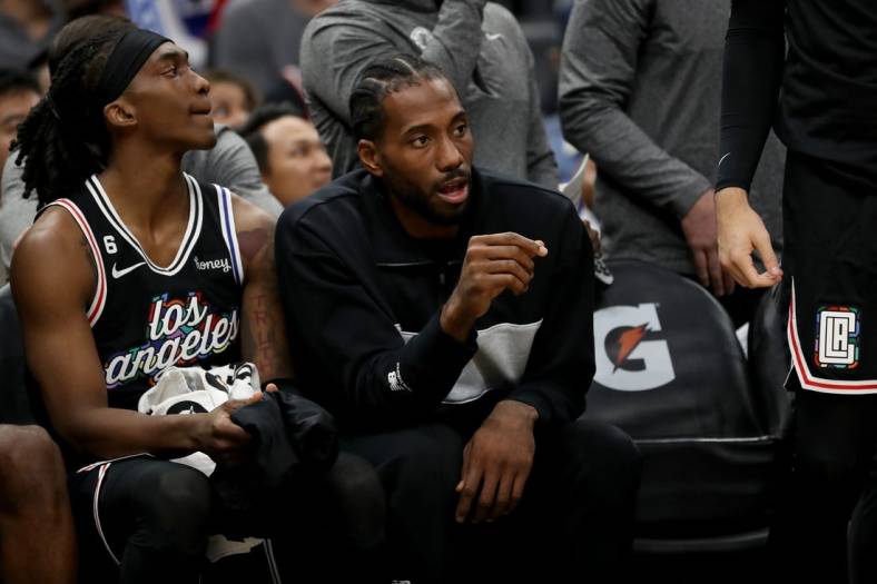 Nov 12, 2022; Los Angeles, California, USA;  Los Angeles Clippers forward Kawhi Leonard (2) watches a game during the second half against the Brooklyn Nets at Crypto.com Arena. Mandatory Credit: Kiyoshi Mio-USA TODAY Sports