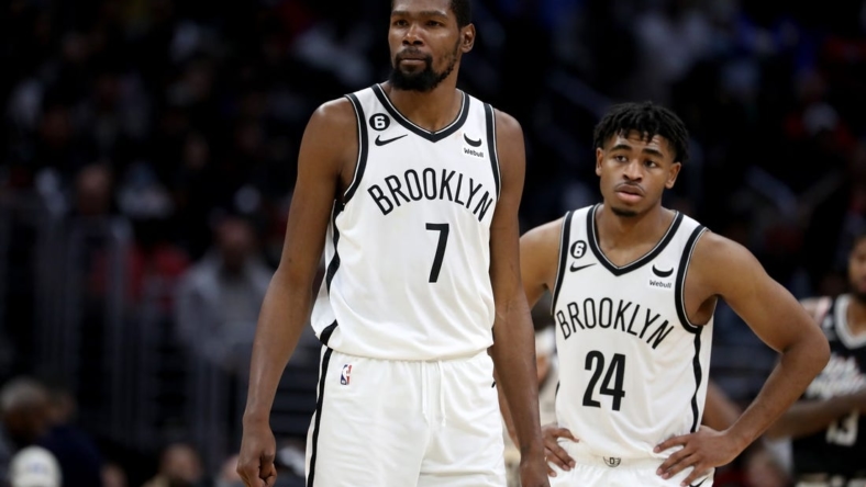 Nov 12, 2022; Los Angeles, California, USA;  Brooklyn Nets forward Kevin Durant (7) and guard Cam Thomas (24) during the second half against the Los Angeles Clippers at Crypto.com Arena. Mandatory Credit: Kiyoshi Mio-USA TODAY Sports
