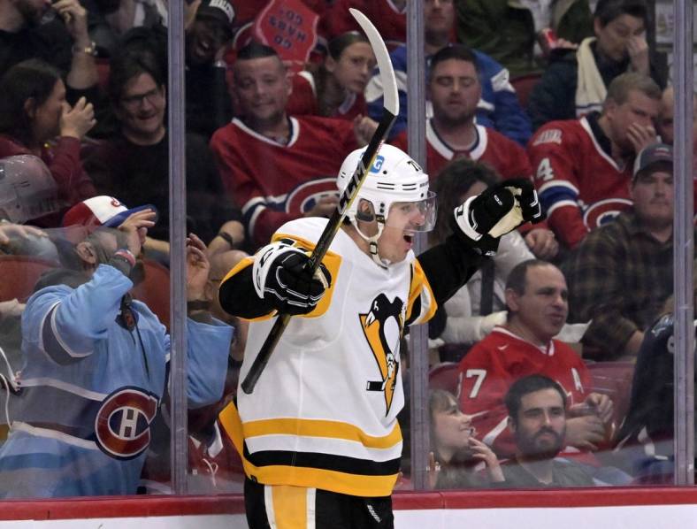 Nov 12, 2022; Montreal, Quebec, CAN; Pittsburgh Penguins forward Evgeni Malkin (71) celebrates after scoring a goal against the Montreal Canadiens during the third period at the Bell Centre. Mandatory Credit: Eric Bolte-USA TODAY Sports