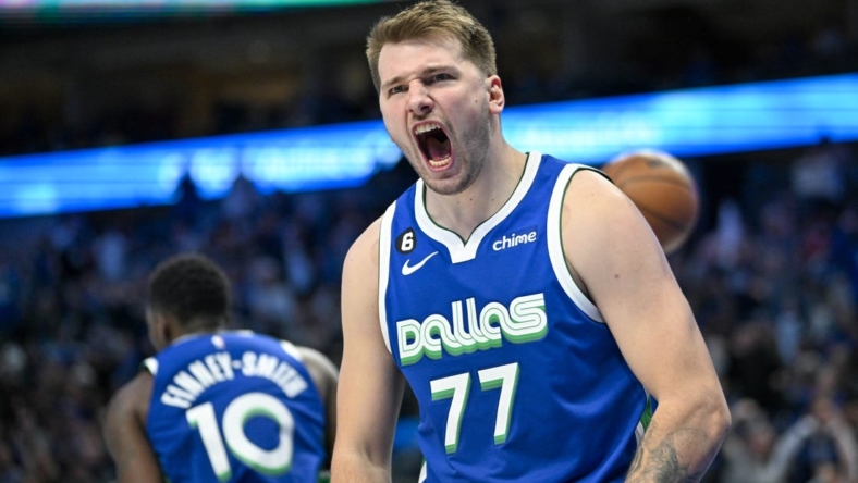 Nov 12, 2022; Dallas, Texas, USA; Dallas Mavericks guard Luka Doncic (77) reacts to making a basket against the Portland Trail Blazers during the second half at the American Airlines Center. Mandatory Credit: Jerome Miron-USA TODAY Sports