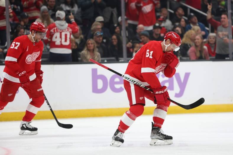 Nov 12, 2022; Los Angeles, California, USA;  Detroit Red Wings left wing Dominik Kubalik (81) reacts after scoring a goal during the first period against the Los Angeles Kings at Crypto.com Arena. Mandatory Credit: Kiyoshi Mio-USA TODAY Sports