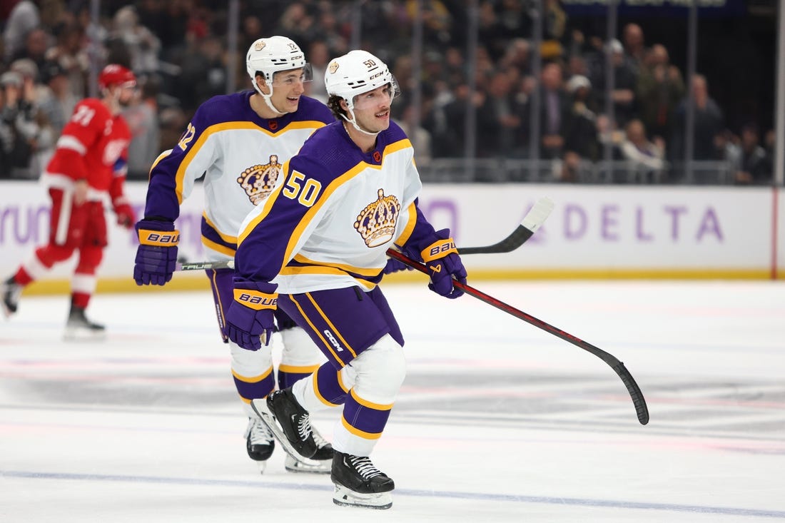 Nov 12, 2022; Los Angeles, California, USA;  Los Angeles Kings defenseman Sean Durzi (50) skates back to the bench after his second goal of the game during the second period against the Detroit Red Wings at Crypto.com Arena. Mandatory Credit: Kiyoshi Mio-USA TODAY Sports