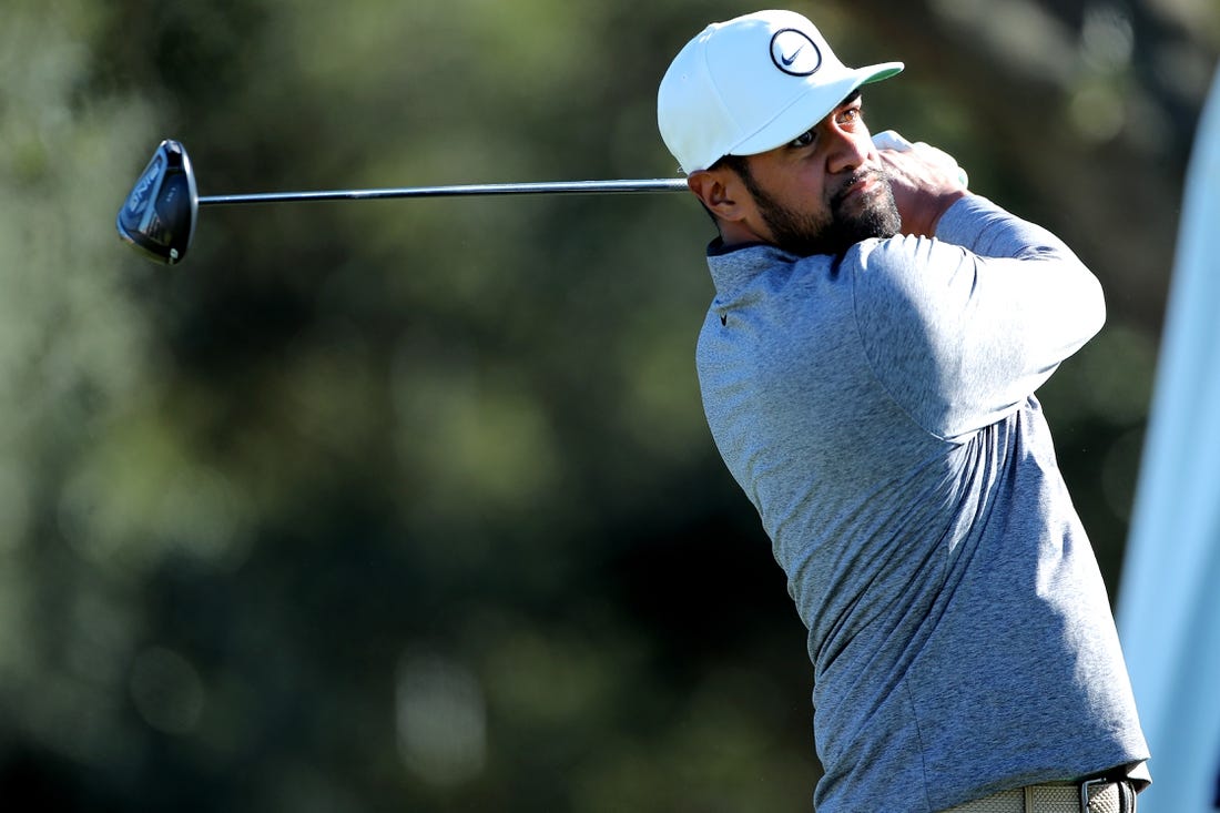 Nov 13, 2022; Houston, Texas, USA; Tony Finau hits a tee shot at the first hole during the final round of the Cadence Bank Houston Open golf tournament. Mandatory Credit: Erik Williams-USA TODAY Sports