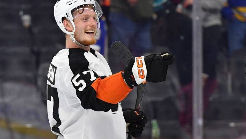 Nov 8, 2022; Philadelphia, Pennsylvania, USA; Philadelphia Flyers right wing Wade Allison (57) against the St. Louis Blues at Wells Fargo Center. Mandatory Credit: Eric Hartline-USA TODAY Sports