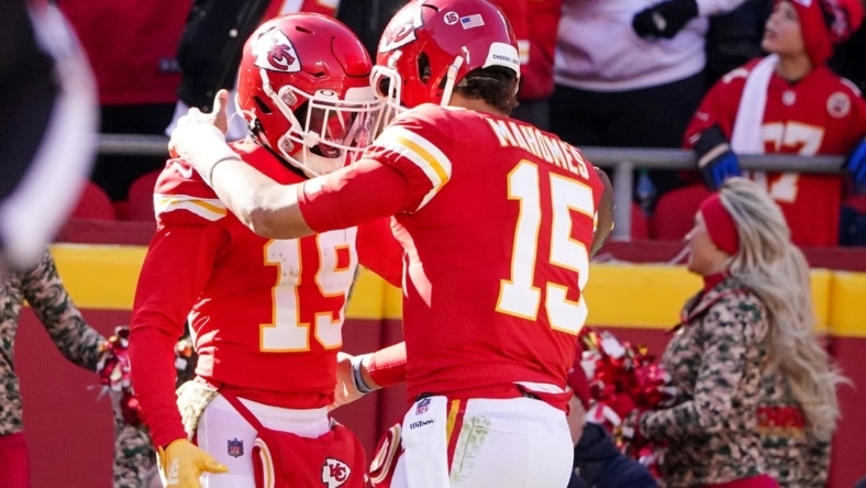 Nov 13, 2022; Kansas City, Missouri, USA; Kansas City Chiefs wide receiver Kadarius Toney (19) celebrates with quarterback Patrick Mahomes (15) after a touchdown against the Jacksonville Jaguars during the first half of the game at GEHA Field at Arrowhead Stadium. Mandatory Credit: Denny Medley-USA TODAY Sports