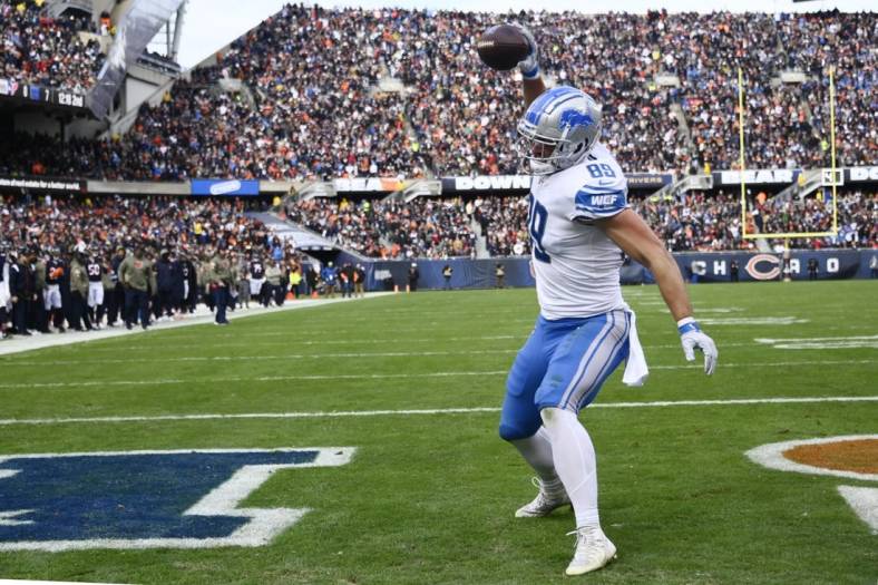 Nov 13, 2022; Chicago, Illinois, USA; Detroit Lions tight end Brock Wright (89) after he scores a touchdown against the Chicago Bears during the first half at Soldier Field. Mandatory Credit: Matt Marton-USA TODAY Sports