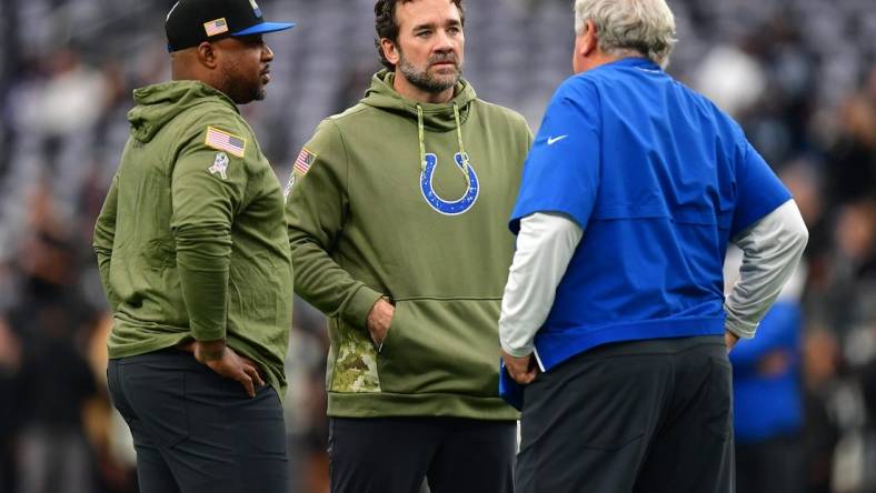 Nov 13, 2022; Paradise, Nevada, USA; Indianapolis Colts head coach Jeff Saturday before the game against the Las Vegas Raiders at Allegiant Stadium. Mandatory Credit: Gary A. Vasquez-USA TODAY Sports