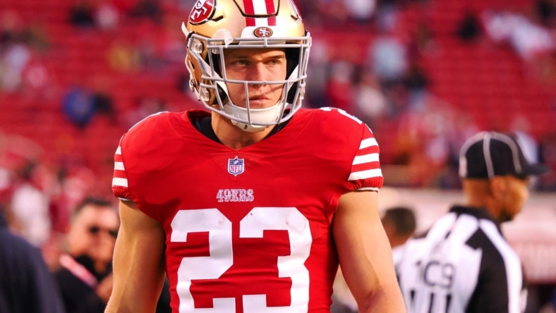 Nov 13, 2022; Santa Clara, California, USA; San Francisco 49ers running back Christian McCaffrey (23) on the field before a game against the Los Angeles Chargers at Levi's Stadium. Mandatory Credit: Kelley L Cox-USA TODAY Sports