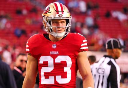 Nov 13, 2022; Santa Clara, California, USA; San Francisco 49ers running back Christian McCaffrey (23) on the field before a game against the Los Angeles Chargers at Levi's Stadium. Mandatory Credit: Kelley L Cox-USA TODAY Sports