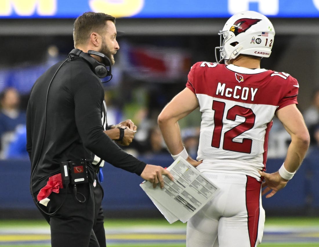 Nov 13, 2022; Inglewood, California, USA; Arizona Cardinals head coach Kliff Kingsbury talks to quarterback Colt McCoy (12) during the fourth quarter against the Los Angeles Rams at SoFi Stadium. Mandatory Credit: Robert Hanashiro-USA TODAY Sports