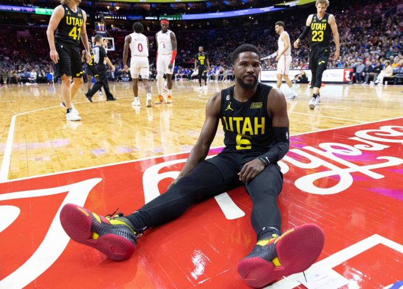 Nov 13, 2022; Philadelphia, Pennsylvania, USA; Utah Jazz guard Malik Beasley (5) sits on the court after missing on a drive attempt against the Philadelphia 76ers during the third quarter at Wells Fargo Center. Mandatory Credit: Bill Streicher-USA TODAY Sports