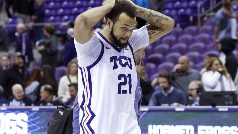 Nov 14, 2022; Fort Worth, Texas, USA;  TCU Horned Frogs forward JaKobe Coles (21) reacts after the loss against the Northwestern State Demons at Ed and Rae Schollmaier Arena. Mandatory Credit: Kevin Jairaj-USA TODAY Sports