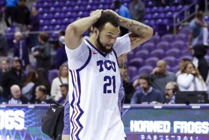 Nov 14, 2022; Fort Worth, Texas, USA;  TCU Horned Frogs forward JaKobe Coles (21) reacts after the loss against the Northwestern State Demons at Ed and Rae Schollmaier Arena. Mandatory Credit: Kevin Jairaj-USA TODAY Sports