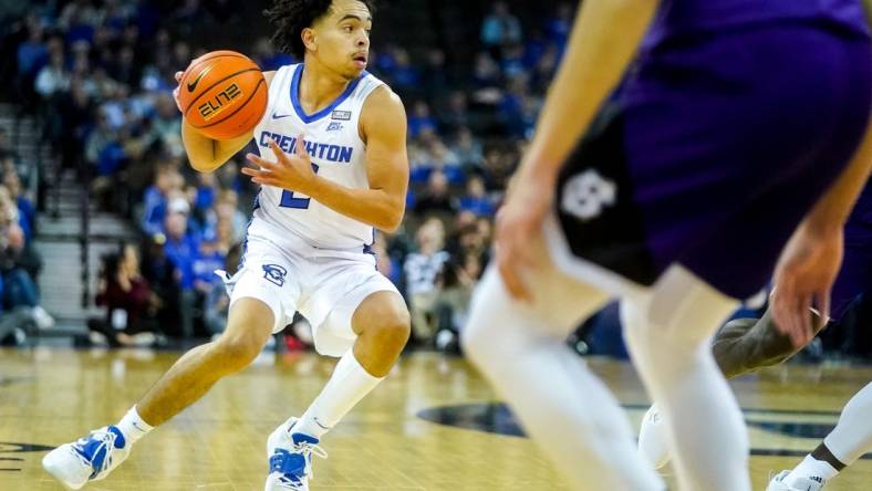 Nov 14, 2022; Omaha, Nebraska, USA; Creighton Bluejays guard Ryan Nembhard (2) looks to pass during the first half against the Holy Cross Crusaders at CHI Health Center Omaha. Mandatory Credit: Dylan Widger-USA TODAY Sports