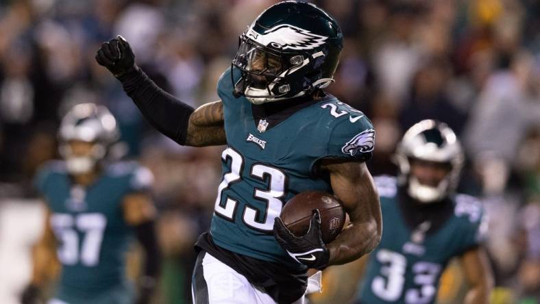 Nov 14, 2022; Philadelphia, Pennsylvania, USA; Philadelphia Eagles safety C.J. Gardner-Johnson (23) reacts after intercepting the ball during the fourth quarter against the Washington Commanders at Lincoln Financial Field. Mandatory Credit: Bill Streicher-USA TODAY Sports