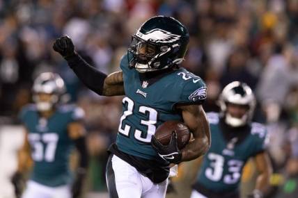 Nov 14, 2022; Philadelphia, Pennsylvania, USA; Philadelphia Eagles safety C.J. Gardner-Johnson (23) reacts after intercepting the ball during the fourth quarter against the Washington Commanders at Lincoln Financial Field. Mandatory Credit: Bill Streicher-USA TODAY Sports