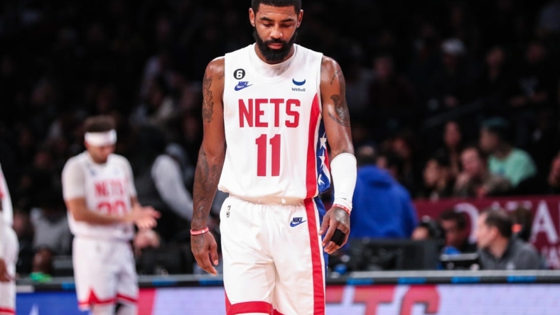 Oct 29, 2022; Brooklyn, New York, USA;  Brooklyn Nets guard Kyrie Irving (11) at Barclays Center. Mandatory Credit: Wendell Cruz-USA TODAY Sports