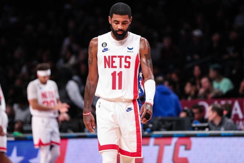 Oct 29, 2022; Brooklyn, New York, USA;  Brooklyn Nets guard Kyrie Irving (11) at Barclays Center. Mandatory Credit: Wendell Cruz-USA TODAY Sports