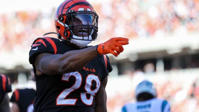 Nov 6, 2022; Cincinnati, Ohio, USA; Cincinnati Bengals running back Joe Mixon (28) reacts after scoring a touchdown against the Carolina Panthers in the first half at Paycor Stadium. Mandatory Credit: Katie Stratman-USA TODAY Sports