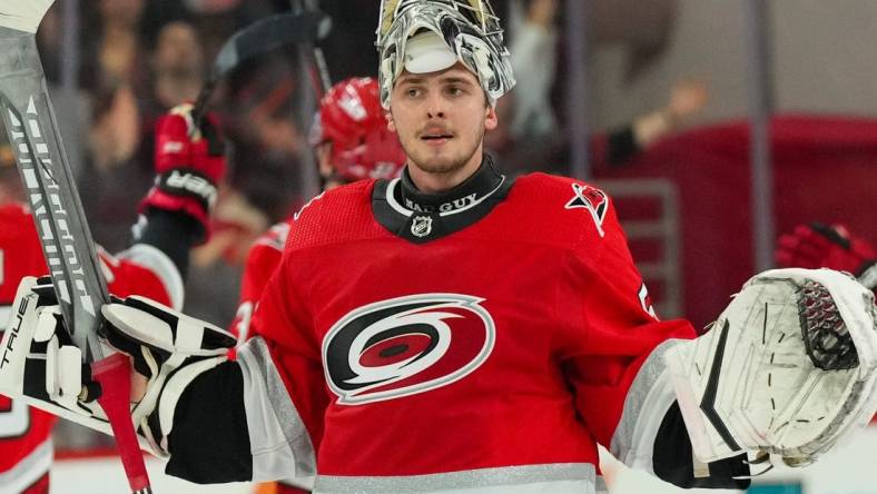 Nov 10, 2022; Raleigh, North Carolina, USA;  Carolina Hurricanes goaltender Pyotr Kochetkov (52) at PNC Arena. Mandatory Credit: James Guillory-USA TODAY Sports