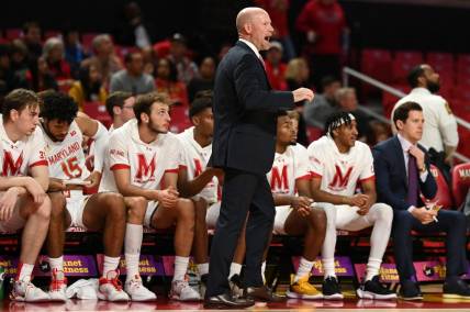 Nov 15, 2022; College Park, Maryland, USA;  Maryland Terrapins head coach Kevin Willard reacts during the first half against the Binghamton Bearcats at Xfinity Center. Mandatory Credit: Tommy Gilligan-USA TODAY Sports