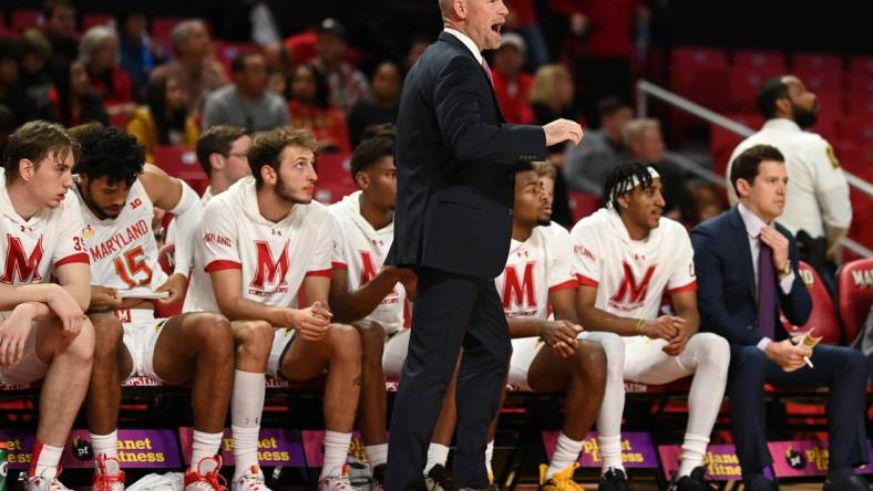 Nov 15, 2022; College Park, Maryland, USA;  Maryland Terrapins head coach Kevin Willard reacts during the first half against the Binghamton Bearcats at Xfinity Center. Mandatory Credit: Tommy Gilligan-USA TODAY Sports