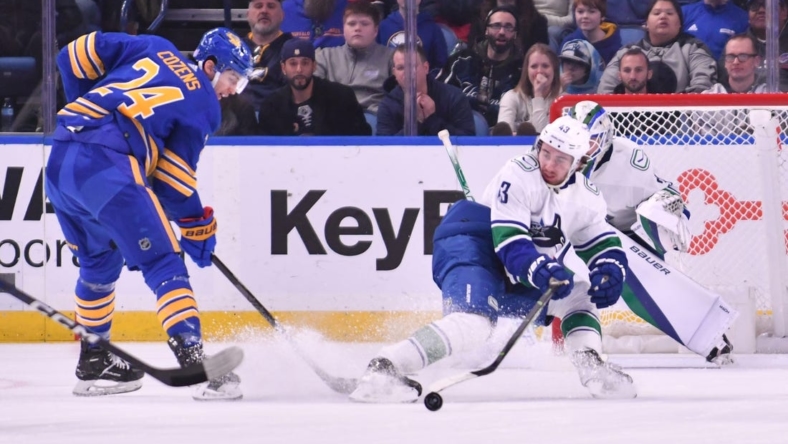 Nov 15, 2022; Buffalo, New York, USA; Vancouver Canucks defenseman Quinn Hughes (43) tries to block a shot by Buffalo Sabres center Dylan Cozens (24) in the first period at KeyBank Center. Mandatory Credit: Mark Konezny-USA TODAY Sports