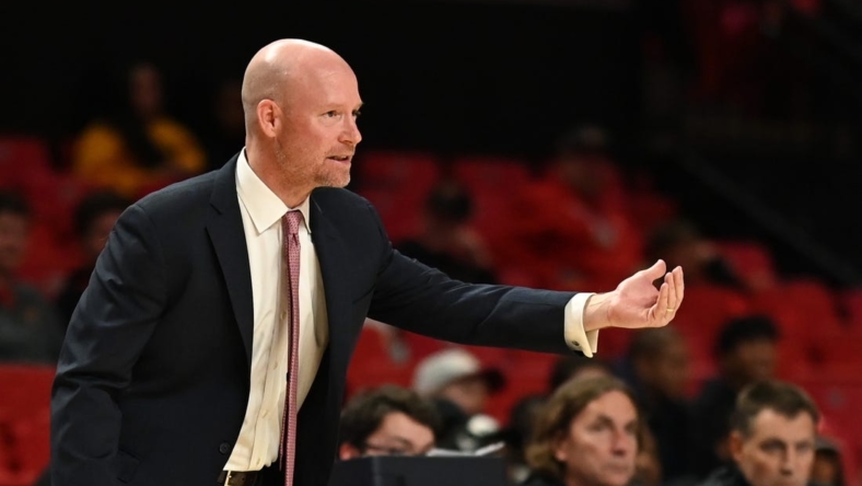Nov 15, 2022; College Park, Maryland, USA;  Maryland Terrapins head coach Kevin Willard reacts during the second half against the Binghamton Bearcatsat Xfinity Center. Mandatory Credit: Tommy Gilligan-USA TODAY Sports