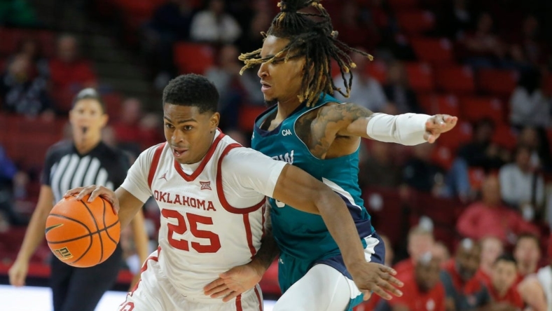 Oklahoma's Grant Sherfield (25) goes past UNC Wilmington's Jamarii Thomas (0) during a college basketball game between the University of Oklahoma Sooners (OU) and  UNC Wilmington at Lloyd Noble Center in Norman, Okla., Tuesday, Nov. 15, 2022.

Ou Basketball Unc Willmington