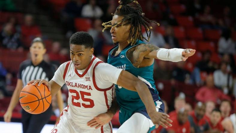 Oklahoma's Grant Sherfield (25) goes past UNC Wilmington's Jamarii Thomas (0) during a college basketball game between the University of Oklahoma Sooners (OU) and  UNC Wilmington at Lloyd Noble Center in Norman, Okla., Tuesday, Nov. 15, 2022.

Ou Basketball Unc Willmington