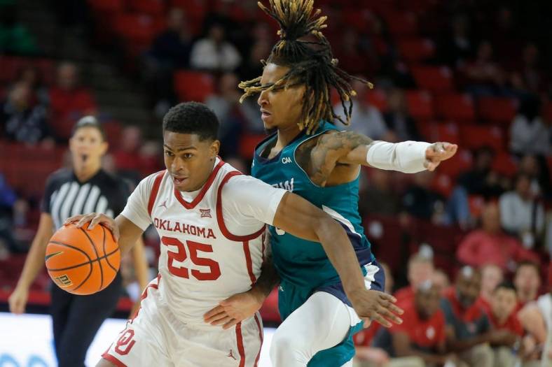 Oklahoma's Grant Sherfield (25) goes past UNC Wilmington's Jamarii Thomas (0) during a college basketball game between the University of Oklahoma Sooners (OU) and  UNC Wilmington at Lloyd Noble Center in Norman, Okla., Tuesday, Nov. 15, 2022.

Ou Basketball Unc Willmington