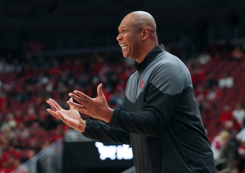 U of L head coach Kenny Payne became frustrated with his players against Appalachian State during their game at the Yum Center in Louisville, Ky. on Nov. 15, 2022.  The Cardinals lost 61-60.

Uofl Appstate23 Sam