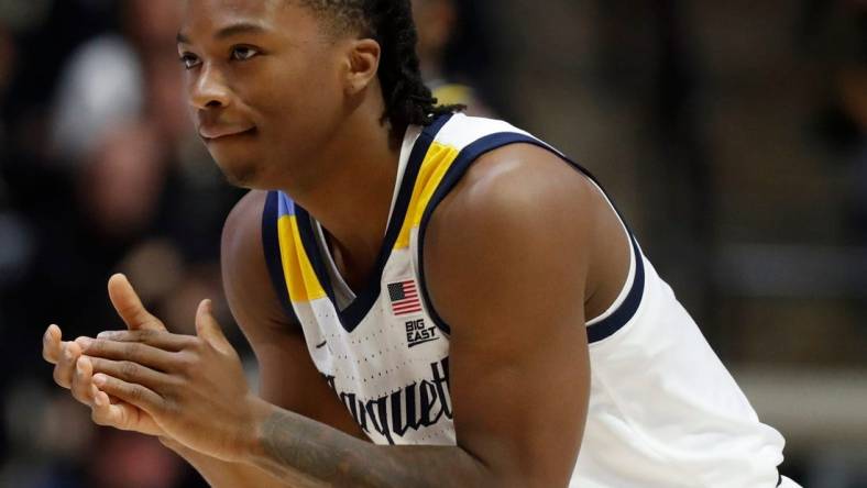 Marquette Golden Eagles forward David Joplin (23) celebrates during the NCAA men   s basketball game against the Purdue Boilermakers, Tuesday, Nov. 15, 2022, at Mackey Arena in West Lafayette, Ind. Purdue won 75-70.

Purduemarquettembb111522 Am34158